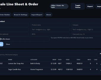 Wholesale Line Sheet & Order Builder — Offline HTML (Price Tiers, MOQ, Case Packs, PDF)