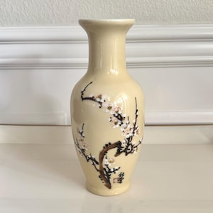 Plum Blossom Porcelain Vase – Hand Painted Cream Glaze – Vintage Mid Century Asian Chinoiserie Decor