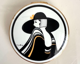 Vintage Stratton Powder Compact – Art Deco Lady in Black Hat – NOS with Original Tags – Stapco New York Design – Made in England