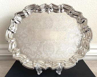 Vintage Leonard Silverplate Footed Serving Tray, Ornate Scalloped Silver Platter, Bar Cart or Vanity Decor