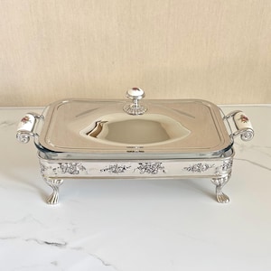 Vintage Royal Doulton Silver Plate Chafing Dish with Lid & Glass Baker | Old Country Roses Buffet Server for Elegant Entertaining
