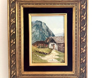 Vintage Oil Painting, Alpine Landscape, 5x7 Original, European Chalet Scene, Switzerland, Eugene Schmidt