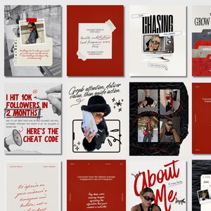 May include: A collection of social media marketing graphics with a red and white color scheme. The graphics include text such as "You don't need to post daily", "I hit 10K followers in 2 months", and "About Me".
