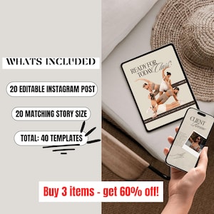 May include: An image featuring a tablet and a smartphone displaying design templates. The tablet shows a design with the text "READY FOR TODAY Class?" and images of people in athletic wear. The smartphone displays a "CLIENT Review" design. Text on the left indicates "WHATS INCLUDED" with 20 Instagram posts, 20 story sizes, and a total of 40 templates.