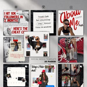 May include: A social media template with 20 pages. The template includes various layouts with text and images. Some pages have text like "I hit 10k followers in 2 months" and "Trends fade but storytelling stays forever". Other pages have photos of a person.