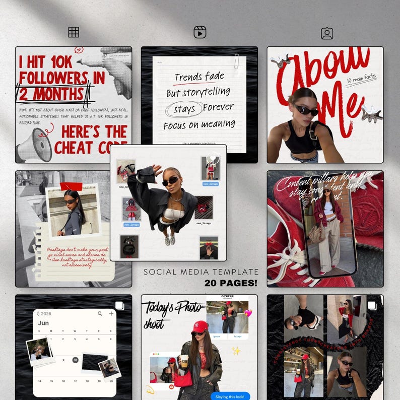 May include: A social media template with 20 pages. The template includes various layouts with text and images. Some pages have text like "I hit 10k followers in 2 months" and "Trends fade but storytelling stays forever". Other pages have photos of a person.