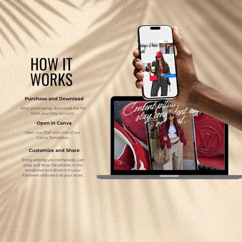 May include: A smartphone and laptop display a fashion-themed image. The phone shows a woman in a red hat and outfit. The laptop displays red shoes and the text "Content pills stay consistent". Text on the left side reads "HOW IT WORKS".