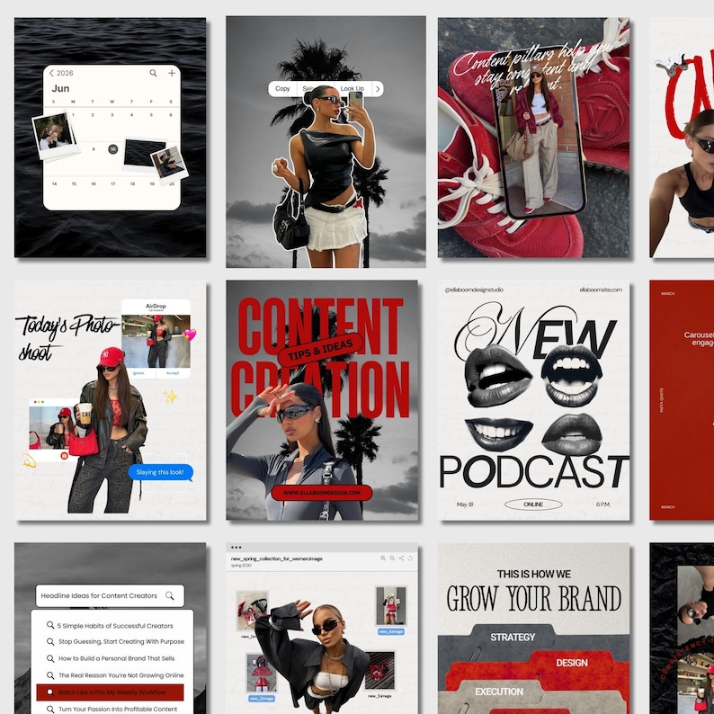 y2k instagram template, scrapbook instagram template, social media manager template, social media manager instagram, content creator instagram, content creator instagram feed, ios core instagram, black and red instagram
