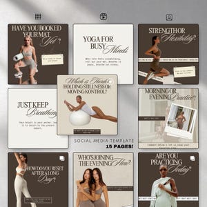 May include: A social media template with 15 pages, featuring yoga-themed posts. Each square post has a brown or beige background with white text and images of people in yoga poses. Text includes questions like "Have you booked your mat yet?" and "Are you practicing today?"