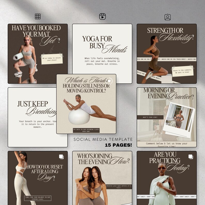 May include: A social media template with 15 pages, featuring yoga-themed posts. Each square post has a brown or beige background with white text and images of people in yoga poses. Text includes questions like "Have you booked your mat yet?" and "Are you practicing today?"