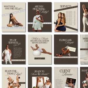 May include: A collection of promotional posters with a brown and beige color scheme. The posters feature images of people in activewear, with text such as "What's Your Goal This Month?" and "Services". The posters promote fitness and wellness.