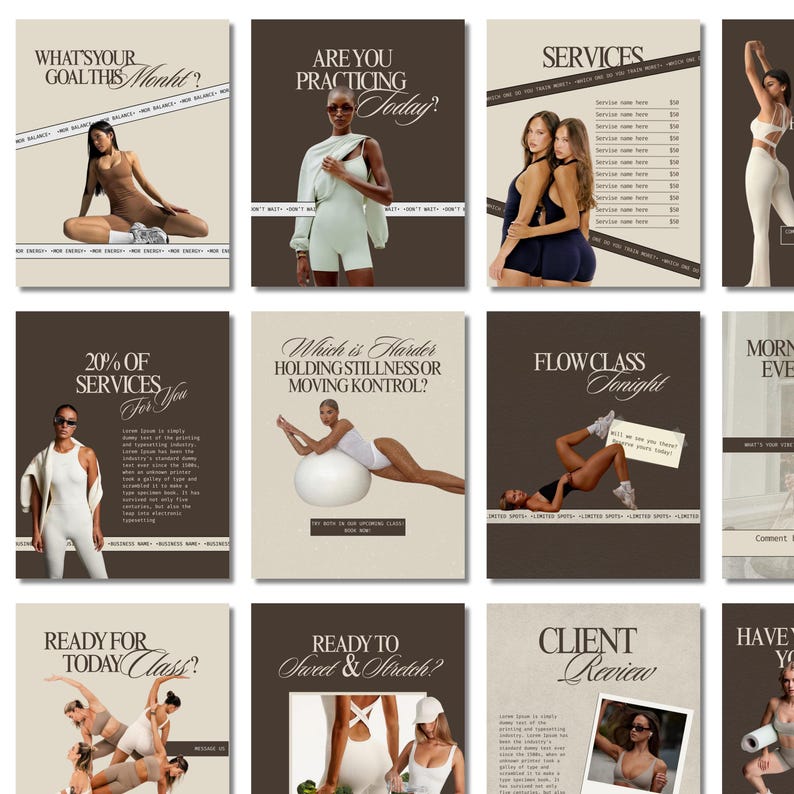 May include: A collection of promotional posters with a brown and beige color scheme. The posters feature images of people in activewear, with text such as "What's Your Goal This Month?" and "Services". The posters promote fitness and wellness.