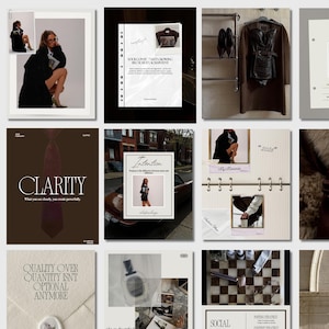 Op de afbeelding: Een verzameling esthetische moodboards en briefpapier. De afbeeldingen bevatten een modefoto, een pagina met het woord "CLARITY", een pagina met het woord "Intention" en een pagina met de woorden "QUALITY OVER QUANTITY ISNT OPTIONAL ANYMORE".
