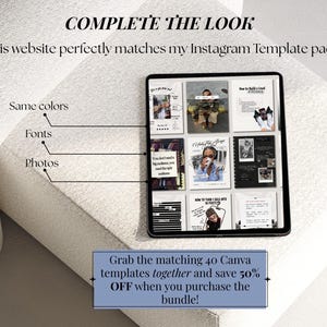 K&ouml;nnte beinhalten: Ein schwarzes Tablet zeigt ein Website-Layout mit verschiedenen Bildern und Texten. Der Text "COMPLETE THE LOOK" steht oben, mit Pfeilen, die auf "Same colors", "Fonts" und "Photos" zeigen. Eine blaue Box unten lautet "Grab the matching 40 Canva templates together and save 50% OFF".