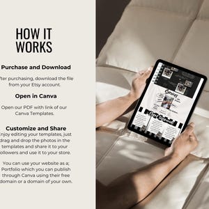 K&ouml;nnte beinhalten: Ein schwarzes Tablet, das eine Website-Vorlage mit dem Text "Services" und "Client Testimonials" anzeigt. Das Tablet wird von einer Person gehalten. Das Bild enth&auml;lt auch den Text "HOW IT WORKS" und Anweisungen zur Verwendung der Vorlage.