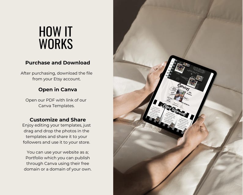 K&ouml;nnte beinhalten: Ein schwarzes Tablet, das eine Website-Vorlage mit dem Text "Services" und "Client Testimonials" anzeigt. Das Tablet wird von einer Person gehalten. Das Bild enth&auml;lt auch den Text "HOW IT WORKS" und Anweisungen zur Verwendung der Vorlage.