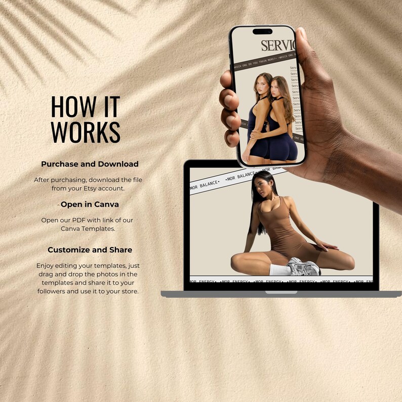 May include: A person holding a smartphone and a laptop. The smartphone displays a photo of two women in athletic wear. The laptop screen shows a woman in athletic wear. Text on the screen reads "MOR BALANCE". The background is a sandy color.