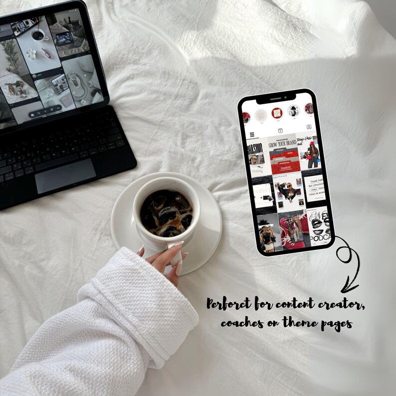 May include: A white coffee cup with ice and a saucer sits on a white bedspread next to a black tablet and a smartphone displaying a social media feed. The text reads "Perfect for content creator, coaches on theme pages."
