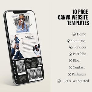 K&ouml;nnte beinhalten: Ein Smartphone zeigt eine Website-Vorlage mit dem Text "10 Page Canva Website Templates". Das Webdesign umfasst Abschnitte f&uuml;r Home, About Me, Services, Portfolio, Blog, Contact, Packages und Let's Get Started. Das Telefon ist schwarz mit silbernem Rand.