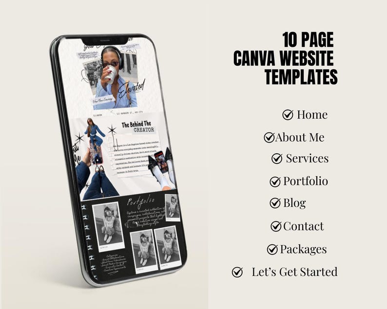K&ouml;nnte beinhalten: Ein Smartphone zeigt eine Website-Vorlage mit dem Text "10 Page Canva Website Templates". Das Webdesign umfasst Abschnitte f&uuml;r Home, About Me, Services, Portfolio, Blog, Contact, Packages und Let's Get Started. Das Telefon ist schwarz mit silbernem Rand.