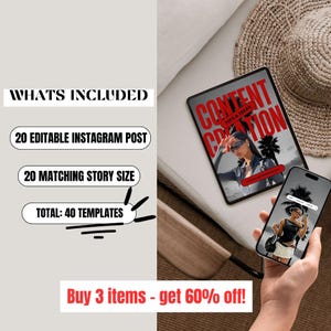 May include: A digital marketing template set with the text "CONTENT CREATION" on a tablet and phone. The image includes a straw hat and text that reads "WHATS INCLUDED", "20 EDITABLE INSTAGRAM POST", "20 MATCHING STORY SIZE", and "TOTAL: 40 TEMPLATES".