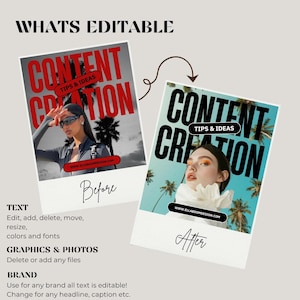 May include: Two images side-by-side, labeled "Before" and "After", showcase content creation tips. The "Before" image features a woman in sunglasses, while the "After" image shows a woman with a floral collar. Text includes "Content Creation" and "Tips & Ideas".