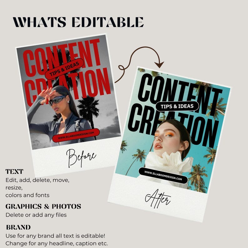 May include: Two images side-by-side, labeled "Before" and "After", showcase content creation tips. The "Before" image features a woman in sunglasses, while the "After" image shows a woman with a floral collar. Text includes "Content Creation" and "Tips & Ideas".
