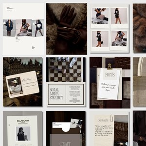 Op de afbeelding: Een collage van afbeeldingen met een neutraal kleurenpalet. De afbeeldingen bevatten een schaakbord, leren handschoenen, polaroidfoto's en tekst met de tekst "Social Media Strategy", "Focus" en "Originality".