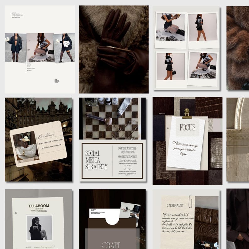 Op de afbeelding: Een collage van afbeeldingen met een neutraal kleurenpalet. De afbeeldingen bevatten een schaakbord, leren handschoenen, polaroidfoto's en tekst met de tekst "Social Media Strategy", "Focus" en "Originality".
