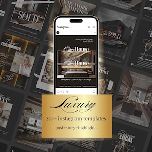 May include: A collection of Instagram templates for real estate marketing. The image features a smartphone displaying a template with a bedroom interior. A gold banner at the bottom reads "Luxury 250+ instagram templates post+story+highlights."