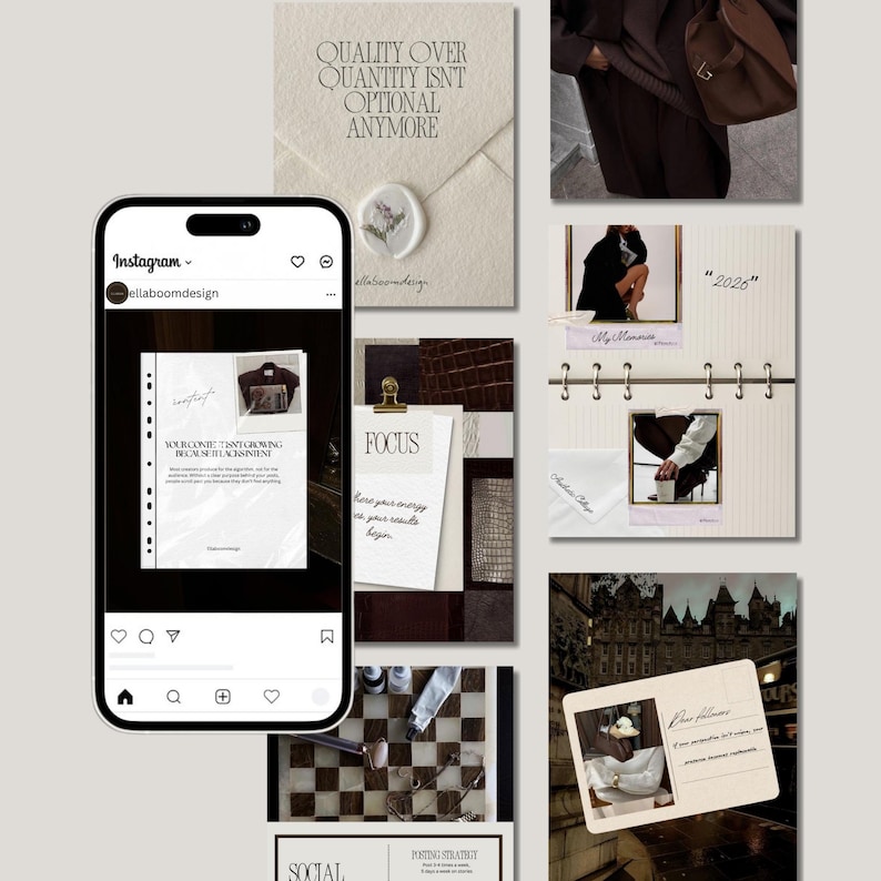 Op de afbeelding: Een collage van esthetische briefpapier- en lifestyle-artikelen. Bevat een smartphone met een Instagram-post, een notitieboek met foto's en een kaart met de tekst "Quality over quantity isn't optional anymore."