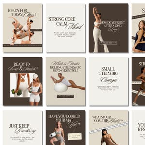 May include: A collection of Pilates-themed posters with text like "Ready for Today Class?" and "Strong Core Calm Mind." The posters feature images of people in active poses, with a neutral color palette of beige, brown, and white.