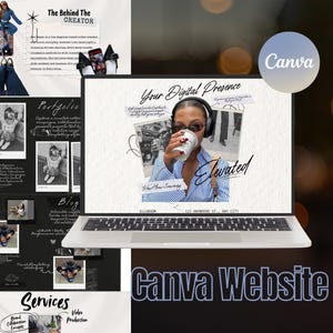 K&ouml;nnte beinhalten: Ein Laptop zeigt ein Website-Design mit den Worten "Your Digital Presence" und "Elevated". Das Design umfasst Fotos, Text und ein Canva-Logo. Ein Spiralnotizbuch und andere Designelemente sind ebenfalls sichtbar.