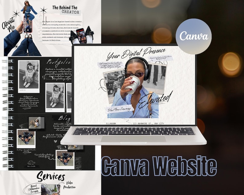 K&ouml;nnte beinhalten: Ein Laptop zeigt ein Website-Design mit den Worten "Your Digital Presence" und "Elevated". Das Design umfasst Fotos, Text und ein Canva-Logo. Ein Spiralnotizbuch und andere Designelemente sind ebenfalls sichtbar.