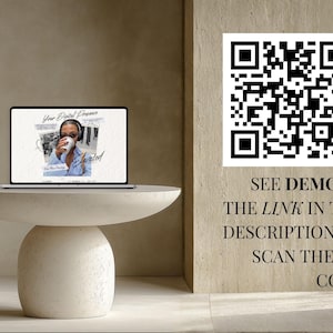 K&ouml;nnte beinhalten: Ein Laptop zeigt eine Webseite mit dem Text "Your Digital Presence" und "Elevated". Der Laptop steht auf einem runden, beigefarbenen Tisch. Ein QR-Code und der Text "SEE DEMO AT THE LINK IN THE DESCRIPTION OR SCAN THE QR CODE" sind ebenfalls sichtbar.