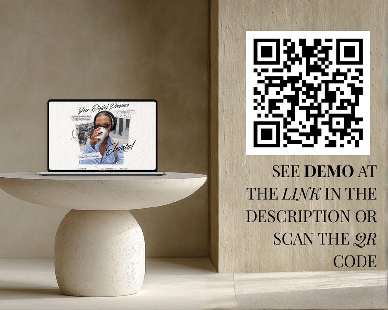 K&ouml;nnte beinhalten: Ein Laptop zeigt eine Webseite mit dem Text "Your Digital Presence" und "Elevated". Der Laptop steht auf einem runden, beigefarbenen Tisch. Ein QR-Code und der Text "SEE DEMO AT THE LINK IN THE DESCRIPTION OR SCAN THE QR CODE" sind ebenfalls sichtbar.