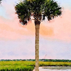 May include: Watercolor painting of a palm tree with a tall, slender trunk and a crown of green fronds. The tree stands against a backdrop of a pastel sky with pink and blue hues, overlooking a marshy landscape.