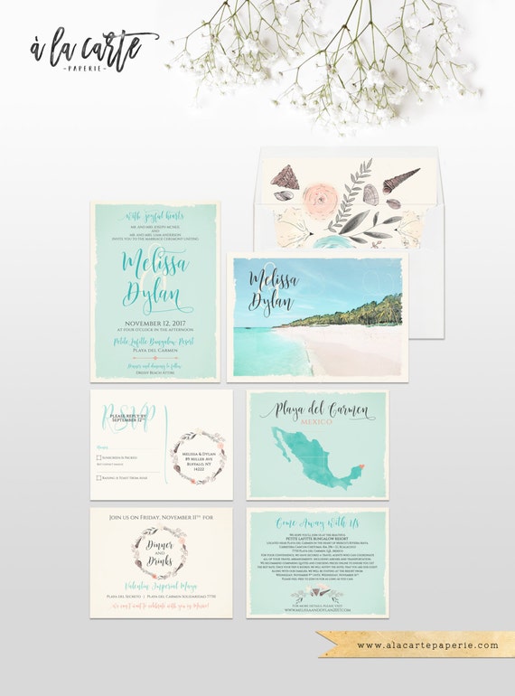 Destination wedding Riviera Maya Mexico Save the Date Postcard Cancun Puerto Morelos Playa del Carmen watercolor illustrated Deposit Payment