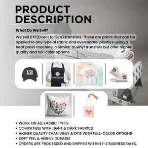 May include: An advertisement for DTF (Direct to Film) transfers, showcasing various products like a black cap, apron, t-shirt, sneakers, pillow, and tote bag. The text highlights the transfers' compatibility with fabrics and their high quality.
