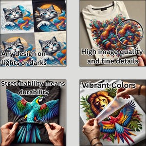 May include: Image showcasing t-shirts with various designs. One features a cat in a wave, another a colorful bird, and a third a lion and bird. Text highlights design flexibility, high image quality, vibrant colors, and durability.