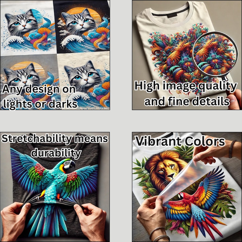 May include: Image showcasing t-shirts with various designs. One features a cat in a wave, another a colorful bird, and a third a lion and bird. Text highlights design flexibility, high image quality, vibrant colors, and durability.
