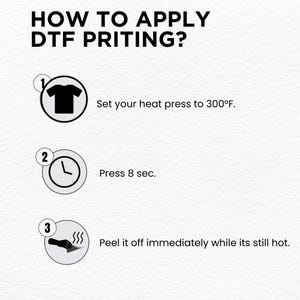 May include: Instructions for DTF printing are displayed. The text reads "HOW TO APPLY DTF PRINTING?" with steps including setting the heat press to 300&deg;F, pressing for 8 seconds, and peeling while hot. The background is a textured off-white.