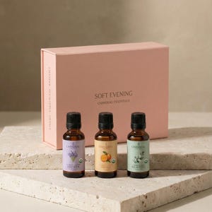 May include: A set of three essential oil bottles with black caps, labeled lavender, orange, and eucalyptus, are displayed in front of a pink box. The box reads "Soft Evening" and "Chandeau Essentials". The bottles are on a textured, light-colored surface.