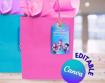 May include: Two gift bags, one teal and one pink, with tissue paper and handles. A tag on the pink bag reads "Thank you for attending Emmalyn's party!" with cartoon characters. The image also includes "Editable Canva" and "Instant Download" text.