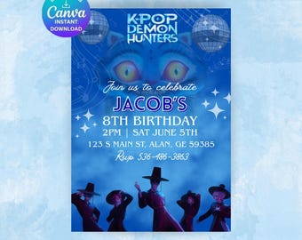 May include: A blue invitation for Jacob's 8th birthday, featuring the text "K-POP DEMON HUNTERS." The design includes a cat's face, disco balls, and silhouettes of people. The invitation also includes the date, time, and location.