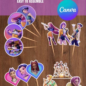 May include: A selection of vibrant character cutouts and toppers, ideal for crafting or party decorations. The image features diverse designs, including circular and heart-shaped toppers, with the text "Instant Download" and "Easy to Assemble". A Canva logo is also visible.