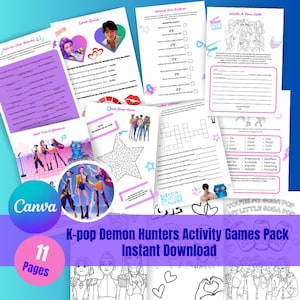 Op de afbeelding: Een verzameling K-pop Demon Hunters-activiteitenspellen, waaronder quizzen, doolhoven en invuloefeningen, met een paars en roze thema. Het Canva-logo en de tekst "11 pagina's" zijn zichtbaar. De titel "K-pop Demon Hunters Activity Games Pack Instant Download" is ook aanwezig.