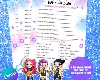 K-Pop Huntrixs Young Version Themed Party Who Knows The Birthday Kid Star The Best Printable Activity Digital Download