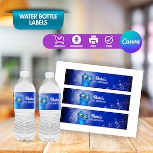 May include: Two water bottles with blue labels featuring a cartoon cat and the text "Blake's 6th Birthday." A sheet of matching labels is next to the bottles. The image also includes the text "Water Bottle Labels."