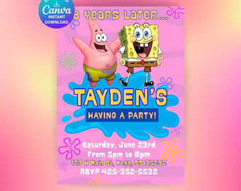 Spongebob Invite Birthday Party Girls Boys Editable Invitation E-invite Instant Download